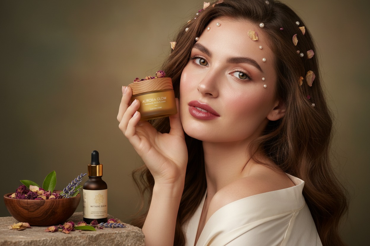 A woman with flowers in her hair holds a jar of Aurora Glow face cream next to a wooden bowl of flower petals and a dropper bottle.